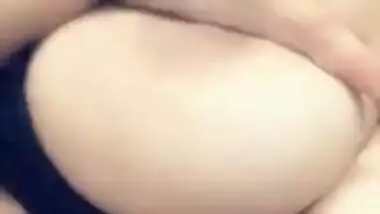 Indian babe's breasts are so big that she can easily lick nipples